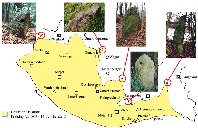 Lochsteine an der von Walter Aspernig ermittelten Herrschaftsgrenze und Grenze nach der Urkunde von 827